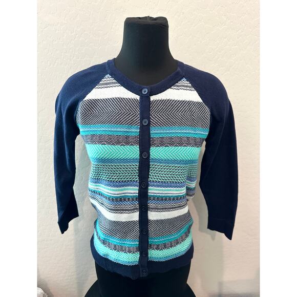 MERONA | Striped Button-Up Cardigan Cotton Navy Teal White | Medium - Picture 2 of 6